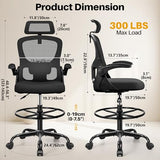 FINATI Drafting Chair, Tall Office Chair for Standing Desk, Ergonomic High Back with Headrest, Lumbar Support, Foot Ring and Flip-up Armrests, Black FINATI