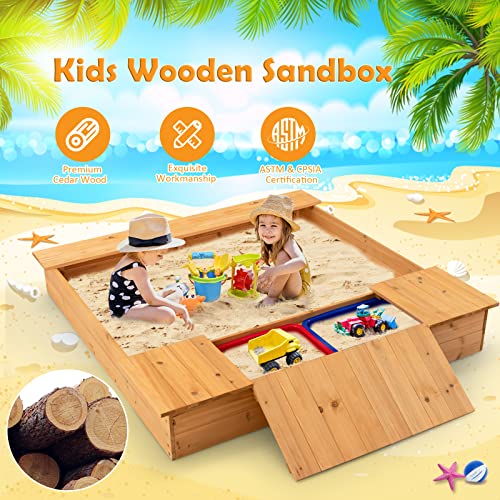 HONEY JOY Kids Sandbox, 49”x47” Cedar Wooden Sand Pit for Toddlers, 2 Side Removable Boxes, Convertible Bench Seat, Outdoor Sand Boxes for Kids Backyard, Gift for Boys Girls Age 3+ - WoodArtSupply