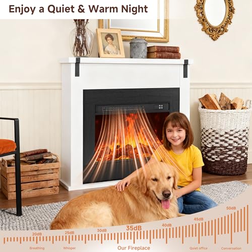 TRONLEE 36" Modern Freestanding Electric Fireplace with Mantel, Minimalist TV Stand Electric Fireplace Mantel for Living Room, Bed Room, White TRONLEE