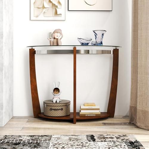BECOMFORT Glass Console Table, Half Moon Entryway Table with Tempered Glass Top & Solid Rubberwood Legs, Modern Hallway Table, Behind Couch Sofa Table for Living Room, Entry, Porch (Walnut) BECOMFORT