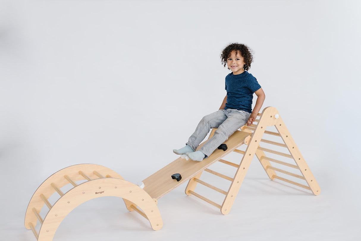 Beright 4 in 1 Pikler Triangle Gym, Montessori Foldable Climber with Ramp, Indoor Climbing Toys for Kids, Climbing Triangle for Toddlers Arch Climber, Rocker, Learning Waldorf Toy Structure, Natural Beright