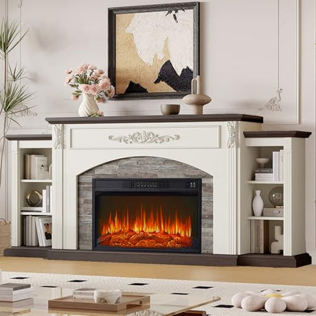 78" Electric Fireplace with Mantel, Fireplace TV Stand for TVs Up to 90 Inch, Entertainment Center with 30inch Fire Place Insert ＆ Realistic Stacked Stone Surround for Living Room BLANKSPACE
