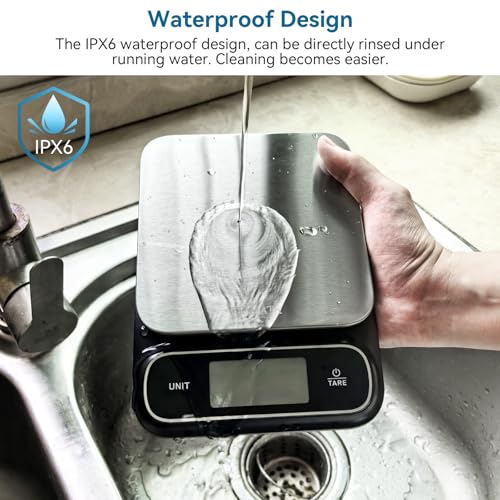 BOMATA Waterproof IPX6 Kitchen Scale, 0.1 g/0.01 oz High Precision, 5 kg/11 lbs, Digital Scale with Backlight, Stainless Steel Weighing Platform, for Food, Cooking, Baking, Weight Loss.. B619, Grey