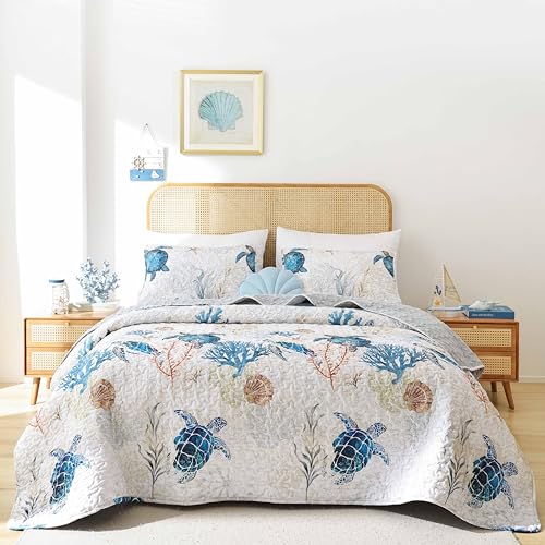 weigelia Coastal Quilt Set Queen Size - Sea Turtle Ocean Print Lightweight Soft Microfiber Summer Comforter with 2 Pillow Cases - Beach Bedding Coverlet Decor for All Seasons, Bedroom & Guest Room weigelia