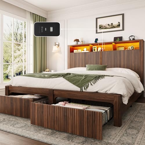 CypBed Queen Size Bed Frame with Headboard and Storage Drawers, Queen Bed Frame with LED Light and Charging Port, Farmhouse Wavy Wood Design, Wood & Metal Platform, Noise-Free, No Box Spring Needed CypBed