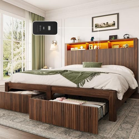 CypBed Queen Size Bed Frame with Headboard and Storage Drawers, Queen Bed Frame with LED Light and Charging Port, Farmhouse Wavy Wood Design, Wood & Metal Platform, Noise-Free, No Box Spring Needed CypBed