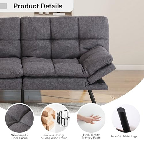 MUUEGM 71" Futon Sofa Bed, Comfortable Memory Foam Futons Sofa with Adjustable Backrest & Armrests, Convertible Loveseat Futon Bed for Compact Living Room, Apartment, Office, Medium Grey MUUEGM