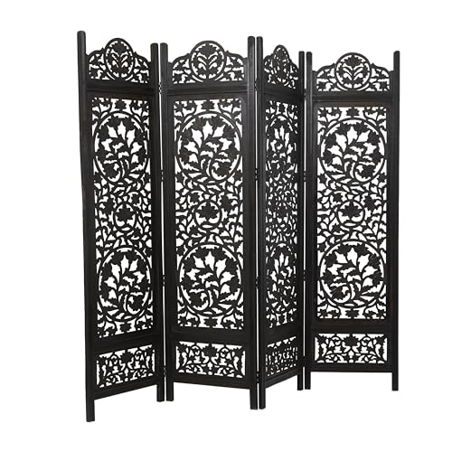 Deco 79 Wood Floral Handmade Partition Room Divider Screen Foldable Partition Carved 4 Panel Privacy Screen, Room Partition 80" x 1" x 72", Black Deco 79