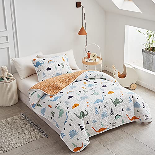 Joyreap 2-Piece Cotton Quilt Set Twin, Cute Dinosaur Reversible Design for Kids Boys n Girls, Breathable Skin-friendly Quilt Bedspread Bed Cover for All Season, 1 Quilt and 1 Pillow Sham- 68x86 inches Joyreap