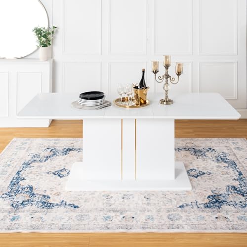 Homy Casa White High Gloss Extendable Dining Table with Black PU Chairs for 6-8 Persons, 63-80.7" Contemporary Wooden Table Set for Dining Room, Conference Room, Reception Area, White (Table) Homy Casa