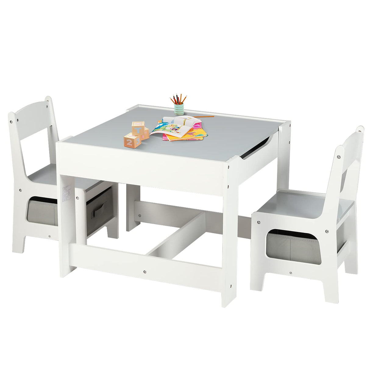 Kinder King Kids Wood Table & 2 Chairs Set, 3 in 1 Children Activity Table w/Storage, Removable Tabletop, Blackboard, 3-Piece Toddler Furniture Set for Art, Crafts, Drawing, Reading, Playroom, Grey Kinder King