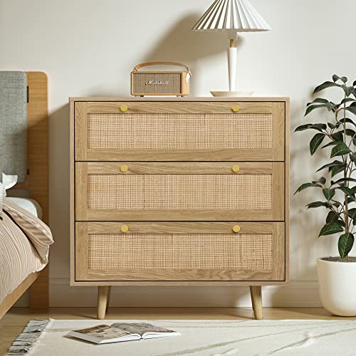 Anmytek 3 Drawer Dresser for Bedroom, Rattan Dresser Modern Wood Chest of Drawers with Spacious Storage for Bedroom Hallway Living Room, Rustic Oak, H0027 Anmytek