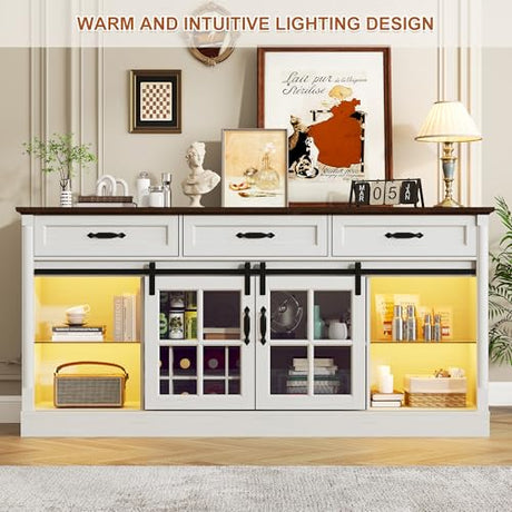 St.Mandyu 66" Sideboard Buffet Cabinet with Drawers, Farmhouse Buffet Table with Storage, Modern Coffee Bar Wine Bar Cabinet with Barn Doors for Kitchen, Dining Room, Living Room, White St.Mandyu