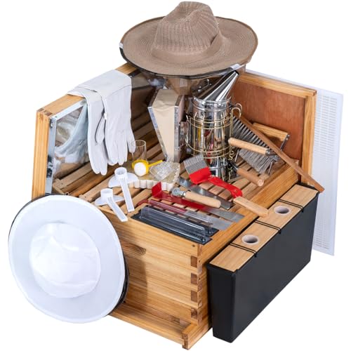 ThxBees 8 Frame Bee Hive Starter Kit, Beehives and Supplies, Beehive Dipped in 100% Beeswax with Frames, Bee Starter Kit Includes Hive Pro Feeder, 2Pcs Bee Keeper Hats, 17Pcs Beekeeping Tool Kit ThxBees