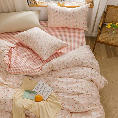 BlueBlue Rabbit Duvet Cover Set Twin 100% Cotton Bedding for Kids Boys Girls Teens Single Bed Cartoon Bunny Garden Floral on Pink 1 Reversible Check Comforter Cover with Zipper Ties 2 Pillowcases BlueBlue