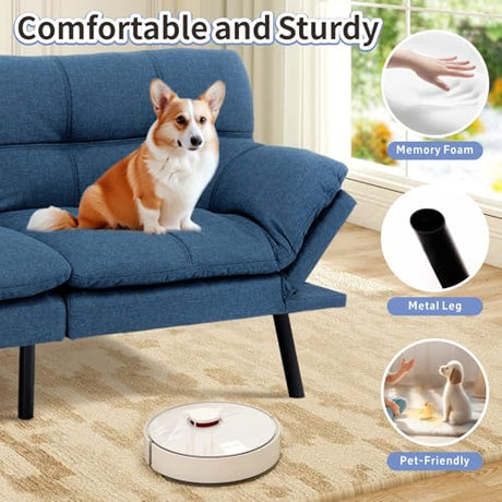 MUUEGM Futon Sofa Bed Memory Foam Navy Blue Futons Modern Office Couch Sleeper Bed Convertible Love seat Sofa for Small Spaces,Apartment,Office with Adjustable Armrest Backrest MUUEGM