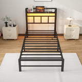 Maliacife Twin Bed Frame with Headboard,Single Bed Frame with Charging Station and LED Lights,Metal Platform Bed Twin Sizes,No Box Spring Needed,Easy Assembly,Black (Black, Twin) Maliacife