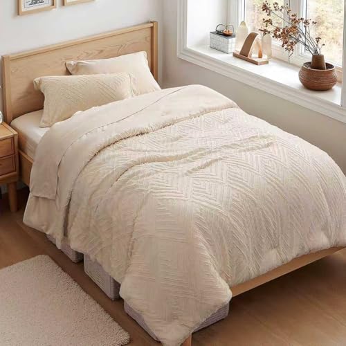 Zzlpp Twin Comforter Set 5 Pieces, Beige Tufted Bed in a Bag with Comforter, Pillow Sham, Pillowcase, Flat Sheet, Fitted Sheet - All Season Boho Bedding Sets Zzlpp