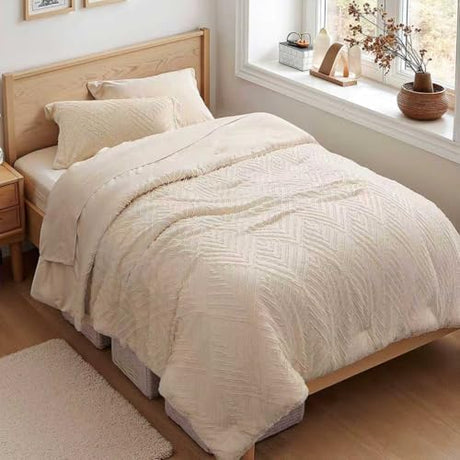 Zzlpp Twin Comforter Set 5 Pieces, Beige Tufted Bed in a Bag with Comforter, Pillow Sham, Pillowcase, Flat Sheet, Fitted Sheet - All Season Boho Bedding Sets Zzlpp