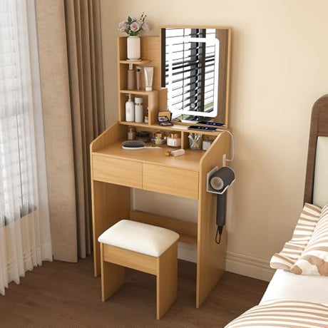 QueZeiah Small Makeup Vanity Desk with Mirror and Lights, Mini Vanity with Stool, 2 Large Drawers, Charging Station, Dressing Table Set for Women's Bedroom, Dressing Room, Wood QueZeiah