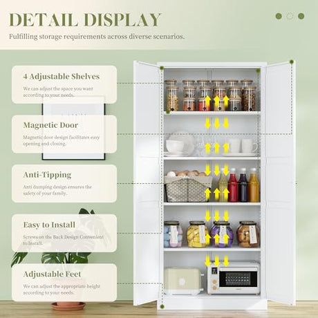 RAVIGIN Metal Storage Cabinet,71" H Pantry Cabinet with 2 Doors and 5 Adjustable Shelves,6 Tier Tall Kitchen Storage Cabinets for Kitchen,Pantry,Living/Study/Laundry Room(White) RAVIGIN