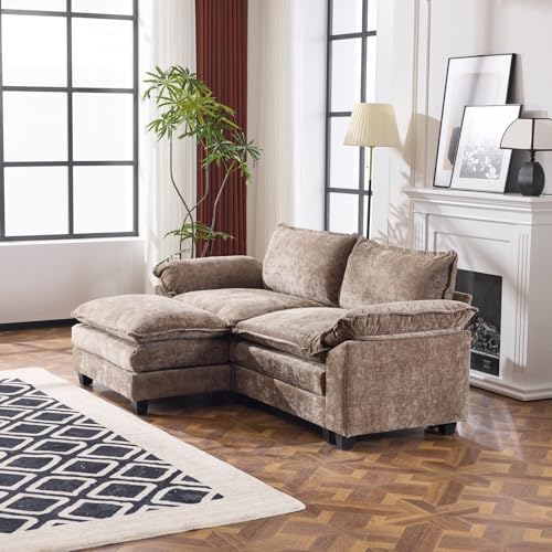 VINGLI Convertible Sectional Loveseat Sofa for Apartment with Deep Seat &Movable 2-Layer Ottoman, Oversized L-shape Cloud Sofa with Chaise &Armrests, 2-Seat Sofa for Small Spaces, Chenille,Light-Brown VINGLI