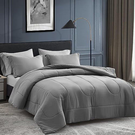 Maple&Stone Full Size Comforter Set 7 Pieces Bed in a Bag - Down Alternative Bed Set with Sheets, Pillowcases & Shams, Soft Reversible Duvet Insert,Grey Maple&Stone