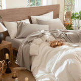MooMee Bedding Sheet Set 100% Washed Cotton Linen Like Textured Breathable Durable Soft Comfy (Heathered Tannish Linen Grey, Twin) MooMee