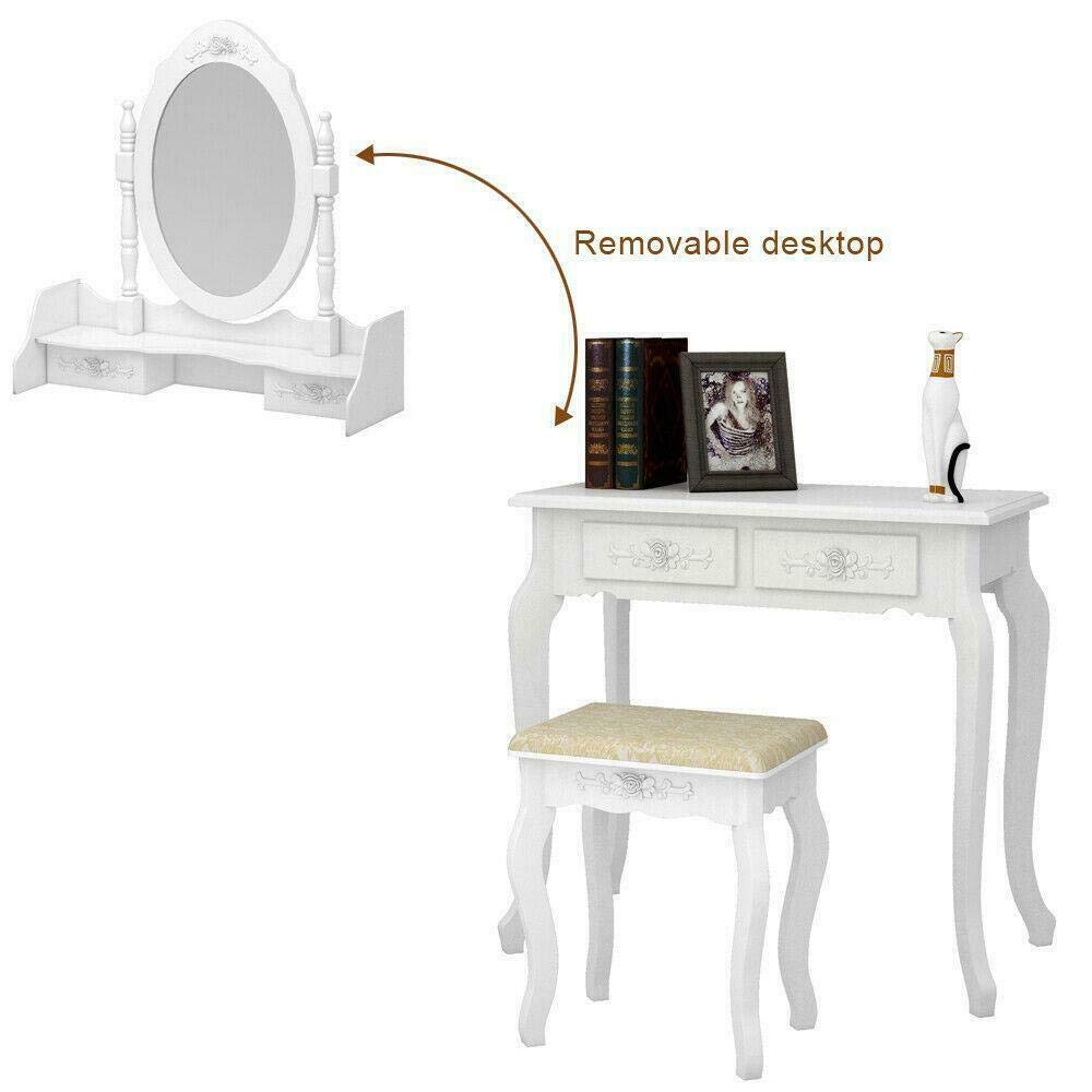 White Vanity Jewelry Makeup Dressing Table Set W/Stool 4 Drawer Mirror Wood Desk - WoodArtSupply