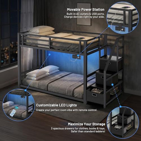Twin Over Twin Metal Bunk Bed with Storage Stairs, Drawers & Shelves, Power Outlet and RGB LED Lights,Low Profile Kids Bunk Bed Frame with Safety Guardrails & Metal Slats,No Box Spring Needed (Black) HKOLIE