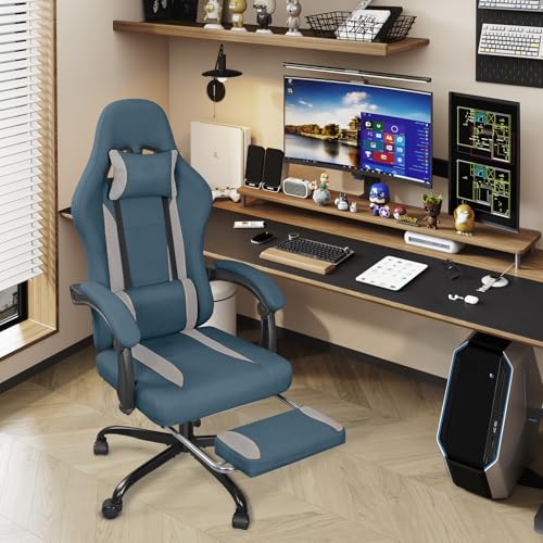 ErgoDesign Breathable Fabric Gaming Chair with Footrest, Height Adjustable Game Chair, Video Gaming Chair for Gaming Room, Living Room and Office - Blue/Light Grey ErgoDesign