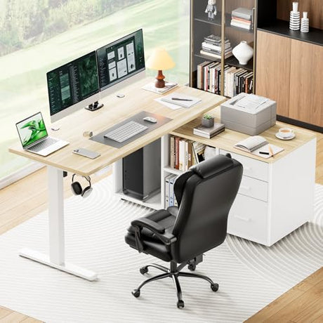 Marsail L-Shaped Executive Standing Desk with File Cabinet, 55" x 24" Electric Height Adjustable Stand up Desk, One-Whole Piece Desktop, Home Office Modern Computer Deskwith 4 Memory Presets Marsail