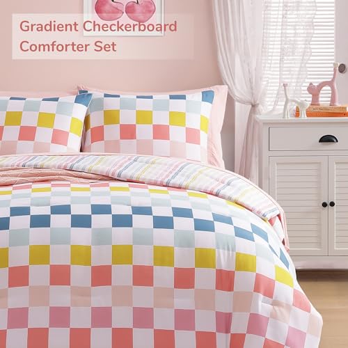 Wink Deer Twin Comforter Set for Girls-5 Pieces Colorful Check Twin Bedding Sets for Kids, Ultra Soft Bed in A Bag with Sheets Wink Deer