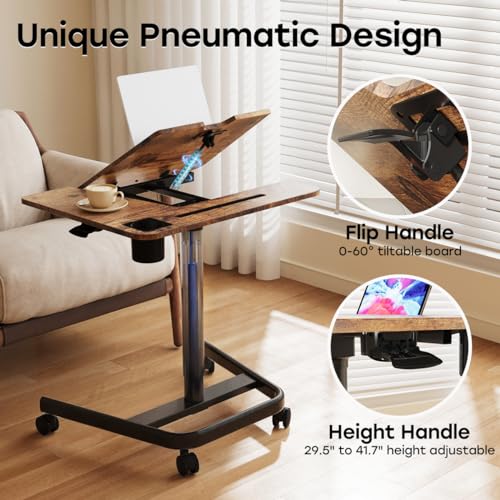JOY worker Mobile Standing Desk, Height Adjustable Table, 60° Tiltable Rolling Laptop Desk, Portable Sit Stand Desk with Wheels Cup Holder for Bed Couch Hospital, Holds Up to 22lbs, Rustic JOY worker