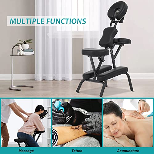 Pazidom Portable Massage Chair - Tattoo Chair with 4 Inch Thick Sponge, Height Adjustable, Light Weight, Foldable Spa Chair w/Face Cradle & Carrying Bag, Load Capacity 250LBS, Black Pazidom