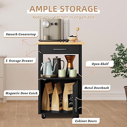 Shintenchi Kitchen Island Cart with Storage,Rolling Kitchen Island Side Table on Wheels with Worktop,Single Door Storage Cabinet and Drawer for Kitchen,Dinning Room, Black Shintenchi