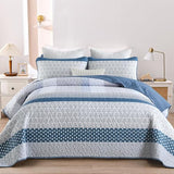 WONGS BEDDING Blue Quilt King Size, Bohemian Stripe Quilt Sets 3 Pieces Boho Quilted Bedspread Set Lightweight Microfiber Coverlet Bedding Set All Season (104"x90") WONGS BEDDING