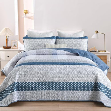 WONGS BEDDING Blue Quilt King Size, Bohemian Stripe Quilt Sets 3 Pieces Boho Quilted Bedspread Set Lightweight Microfiber Coverlet Bedding Set All Season (104"x90") WONGS BEDDING