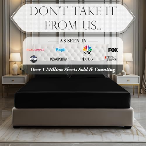 DECOLURE Satin Fitted Sheet Queen Size (1 PC) – Luxuriously Smooth & Softer Than Silk Bed Sheets w/ 15 Inch Deep Pocket Hypoallergenic Wrinkle Free, Secure Snug Fit, Elastic Corner Straps (Black) DECOLURE