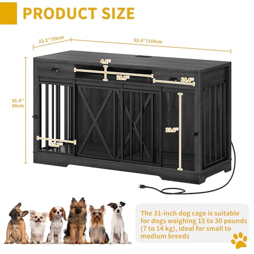 DWVO 63 Inch Double Dog Crate Furniture for 2 Dogs, Heavy Duty Wooden Dog Crate TV Stand with Charging Station, Dog Kennel Indoor Furniture Double Sliding Barn Door Design Ideal for 2 Dogs, Oak DWVO