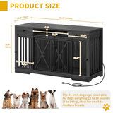 DWVO 63 Inch Double Dog Crate Furniture for 2 Dogs, Heavy Duty Wooden Dog Crate TV Stand with Charging Station, Dog Kennel Indoor Furniture Double Sliding Barn Door Design Ideal for 2 Dogs, Oak DWVO