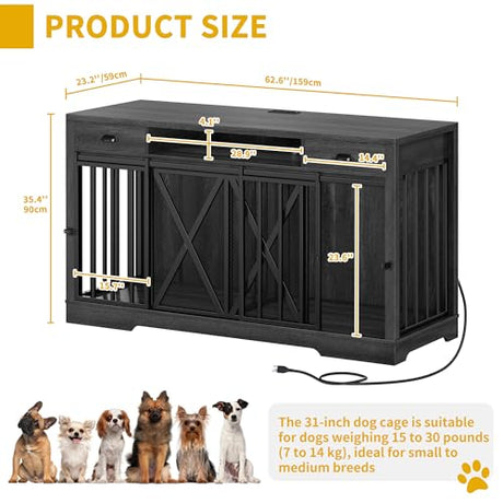 DWVO 63 Inch Double Dog Crate Furniture for 2 Dogs, Heavy Duty Wooden Dog Crate TV Stand with Charging Station, Dog Kennel Indoor Furniture Double Sliding Barn Door Design Ideal for 2 Dogs, Oak DWVO