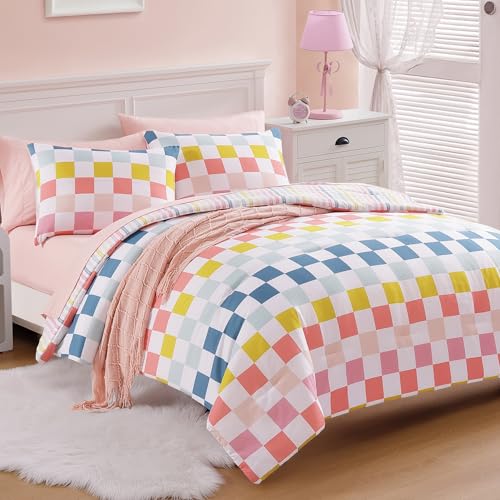 Wink Deer Twin Comforter Set for Girls-5 Pieces Colorful Check Twin Bedding Sets for Kids, Ultra Soft Bed in A Bag with Sheets Wink Deer