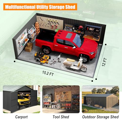 Domi 12x15FT Outdoor Metal Garage Shed, Extra Large Metal Carport with Lockable Double Hinged Doors, Heavy Duty Car Shelter for Car, Truck, Motorcycle and Lawn Equipment, Dark Grey domi outdoor living