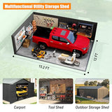 Domi 12x15FT Outdoor Metal Garage Shed, Extra Large Metal Carport with Lockable Double Hinged Doors, Heavy Duty Car Shelter for Car, Truck, Motorcycle and Lawn Equipment, Dark Grey domi outdoor living