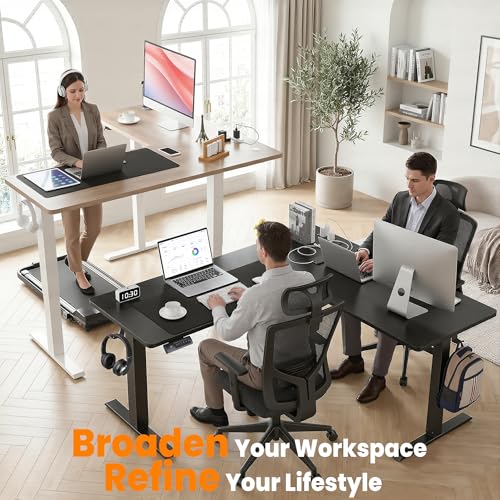 farexon 63x55 Inch L Shaped Standing Desk with Outlets, Electric Adjustable Height Stand Up Desk, Corner sit Stand Desk with Mouse Pad, Hook, Home Office Writing Gaming Computer Workstation, Oak Grey farexon