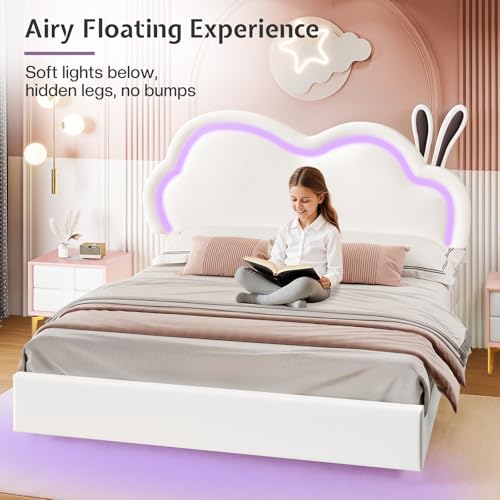 Jocisland LED Full Bed Frame for Girls Upholstered Floating Bed with Cute Cloud Headboard, No Box Spring Needed, Leather, White Jocisland