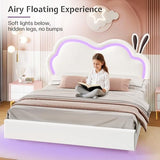 Jocisland LED Full Bed Frame for Girls Upholstered Floating Bed with Cute Cloud Headboard, No Box Spring Needed, Leather, White Jocisland