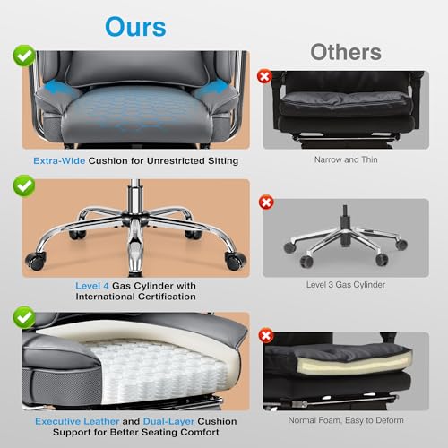 ALLGOD Office Chair Comfy, Big and Tall Executive Leather Chair, High Back Ergonomic Wide Chair with Footrest, Reclining Computer Desk Chair, Heavy Duty Gaming Chair with Padded Arm and Pillow, Grey ALLGOD