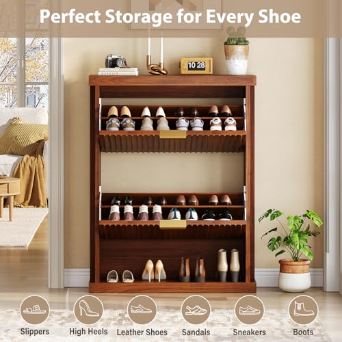 knoworld Walnut Shoe Cabinet Storage for Entryway,2 Flip Drawers with Toe Kick Space,Narrow Wood Fluted Shoe Rack Cabinet,Fluted Slim Shoe Cabinet for Foyer,Hallway knoworld
